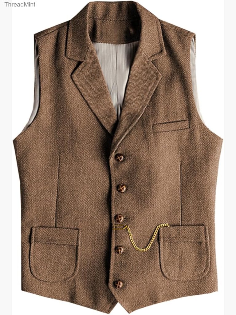 Men's Tweed Suit Vest Western Herringbone Wool Casual Waistcoat For Groomsman